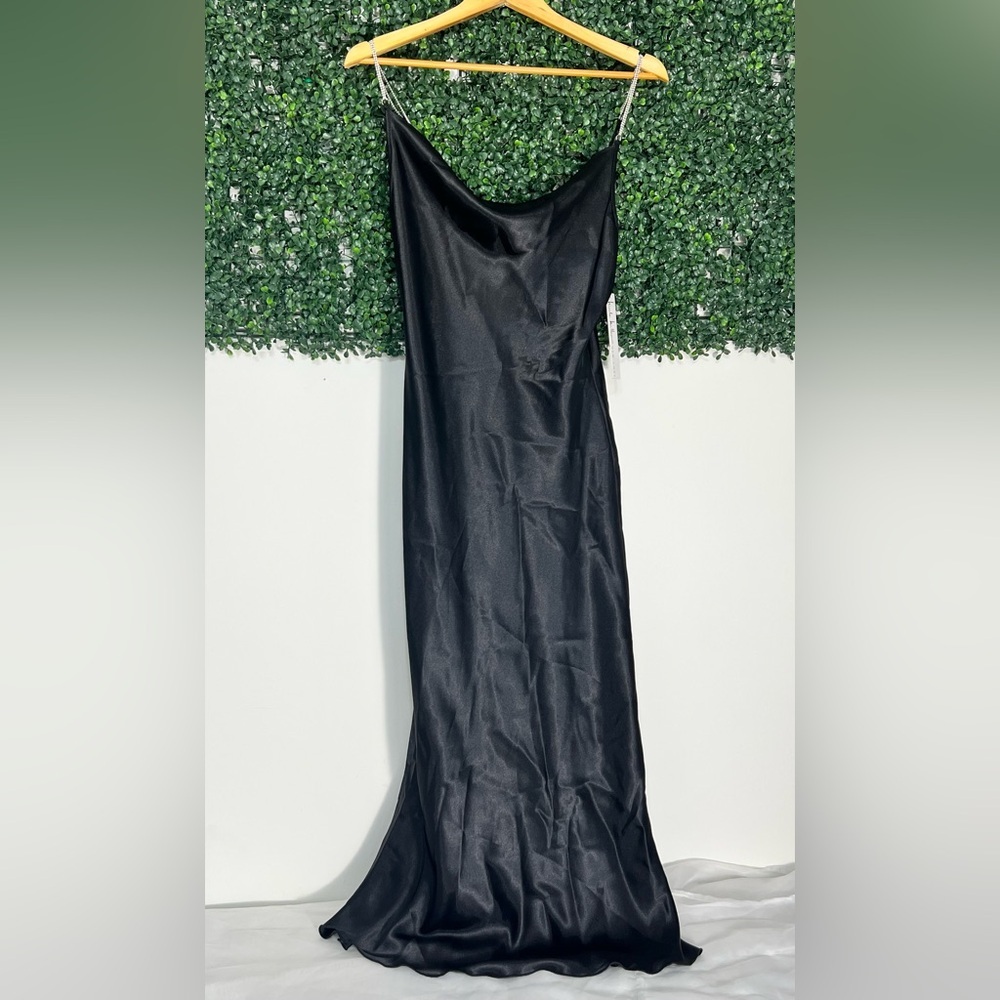 NWT Nicole Miller Black Satin Slip Dress Rhinestone Strap Size Small